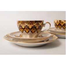 Porcelāna tējas vai kafijas komplekts, tase, apakštase, deserta šķīvis, Rīgas porcelāns
